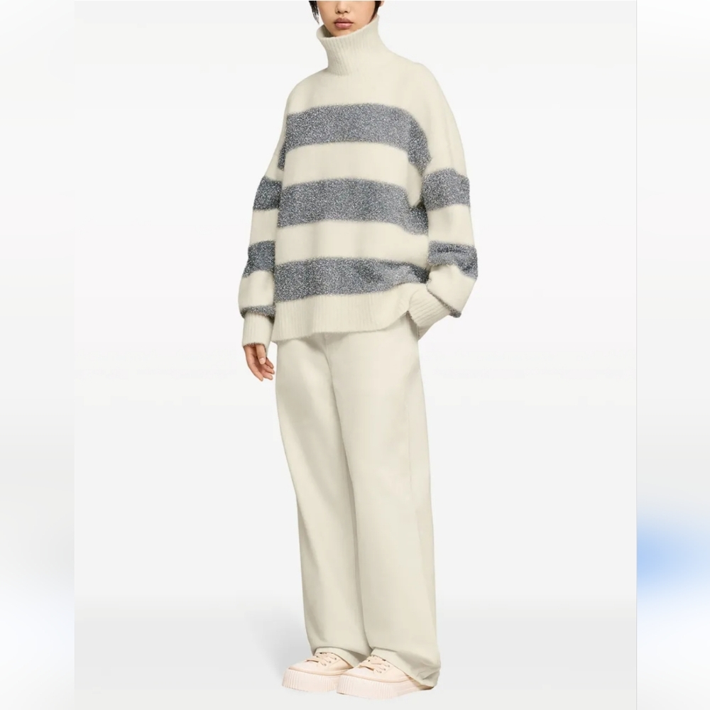 AMI Paris Funnel Neck Lurex-Striped White and Silver Sweater Size Small